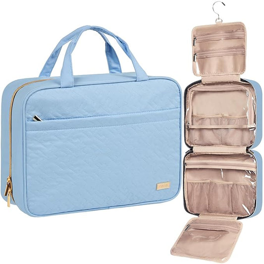 NISHEL Travel Toiletry Bag for women, Portable Hanging Organizer for Family-Sized Shampoo, Conditioner, Brushes Set, Makeup Accessories, Extra Large Size, Placid-Blue
