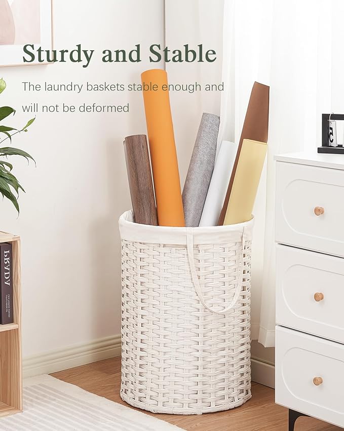 Laundry Basket Round Rattan Laundry Hamper 29.1 Gal (110 L) Handwoven Large Wicker Basket with Handles, Wicker Hamper with Removable Bags and 2 Mesh Bags for Bathroom Living Room White