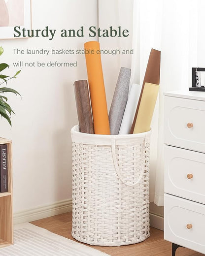 Laundry Basket Round Rattan Laundry Hamper 29.1 Gal (110 L) Handwoven Large Wicker Basket with Handles, Wicker Hamper with Removable Bags and 2 Mesh Bags for Bathroom Living Room White