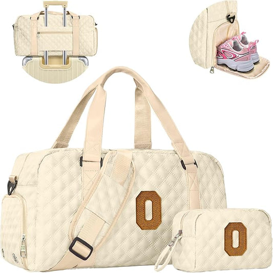 Initial Gym Bag for Girls, Kids Travel Duffel Bag, Graduation Gifts for Her, Personalized Weekender Bag with Shoes Compartment, Gifts for Mom, Girls Gifts for Kids