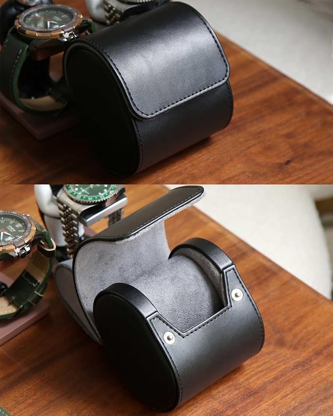 Watch Travel Case, Single Premium Leather Watch Case, Variable Size Watch Pillow Design, Portable Watch Storage Box for Men and Women, Black Watch Roll Organizer with Faux Suede Fabric Lining