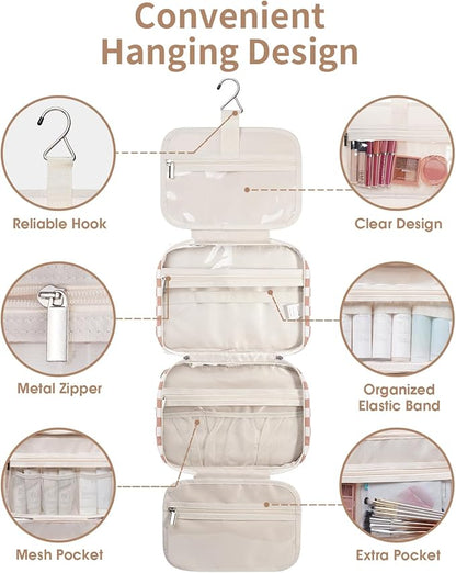 Travel Toiletry Bag for Women Large Hanging Makeup Bag Organizer Toiletries Bag for Full Size Essentials Accessories Cosmetics (Light Checkerboard (Large))