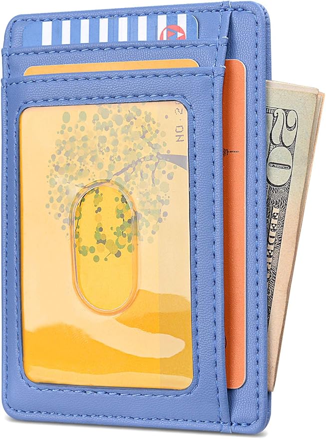 Buffway Slim Minimalist Front Pocket RFID Blocking Leather Wallets for Men and Women - Sand Wathet Blue