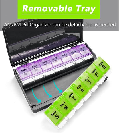 Extra Large Weekly Pill Organizer 2 Times a Day - Remtise Am/Pm Daily Pill Case Medicine Organizer, Push Button 7 Day Pill Box for Pills/Vitamin/Cod Liver Oil/Supplements (Purple & Green)