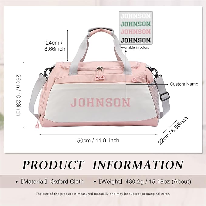 Personalized Duffel Bag Custom Sport Gym Travel Bags Embroidered Name Text Customized Dry Wet Separated Weekend Waterproof Bag for Women Men (A-Pink)