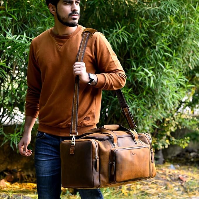 Leather Travel Bag with Trolley Strap,s Adjustable Shoulder Strap, Laundry Bag Travel Duffel Bag 22x11x12 by De Lira
