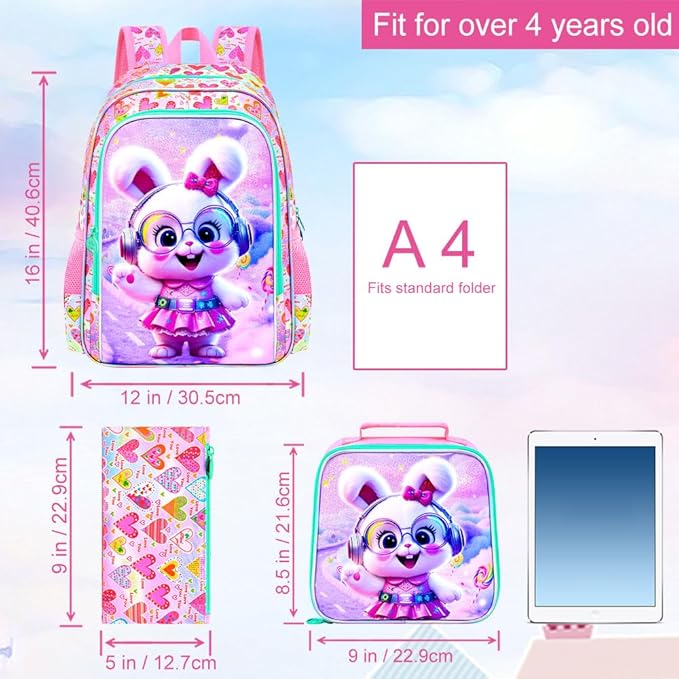 WZLVO 3PCS Kids Backpack for Girls, Unicorn Dinosaur Animal Prechool Elementary Kindergarten School Bookbag with Lunch Box