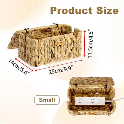 BTSKY Woven Cable Management Box with Lid, Water Hyacinth Cord Organizer for Desk, Cable Organizer Box with 2-Open Slots to Hide Power Strips USB Hubs for Home & Office, Pet Proofing Cord Basket, S