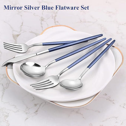 Mirror Silver Blue Silverware Set, 20-Piece Stainless Steel Flatware Set, Satin Finish tableware Cutlery Set, Service for 4, Home and Restaurant, Dishwasher Safe