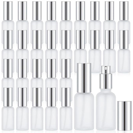 Roshtia 30 Pcs 1 oz/ 30 ml Silver Glass Spray Bottle Refillable Perfume Atomizer Clear Decorative Empty Bottles with Fine Mist Sprayer Pump for Face Body Travel