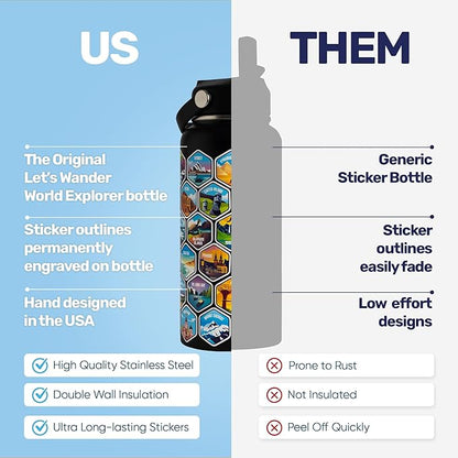 LET'S WANDER World Explorer Adventure Water Bottle with 50 Waterproof Stickers - 32oz Leakproof Insulated Stainless Steel with Straw - Travel Goal Gift Bottle (Black)