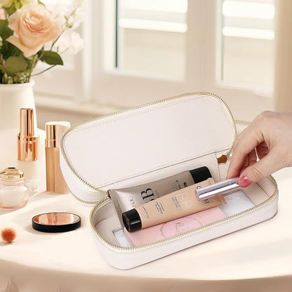 Pinkmik Double Layer Makeup Bag Makeup Brush Case Waterproof Travel Cosmetic & Toiletry Bag Purse Organizer and Car Essentials for Women (Beige, Double SLIM)