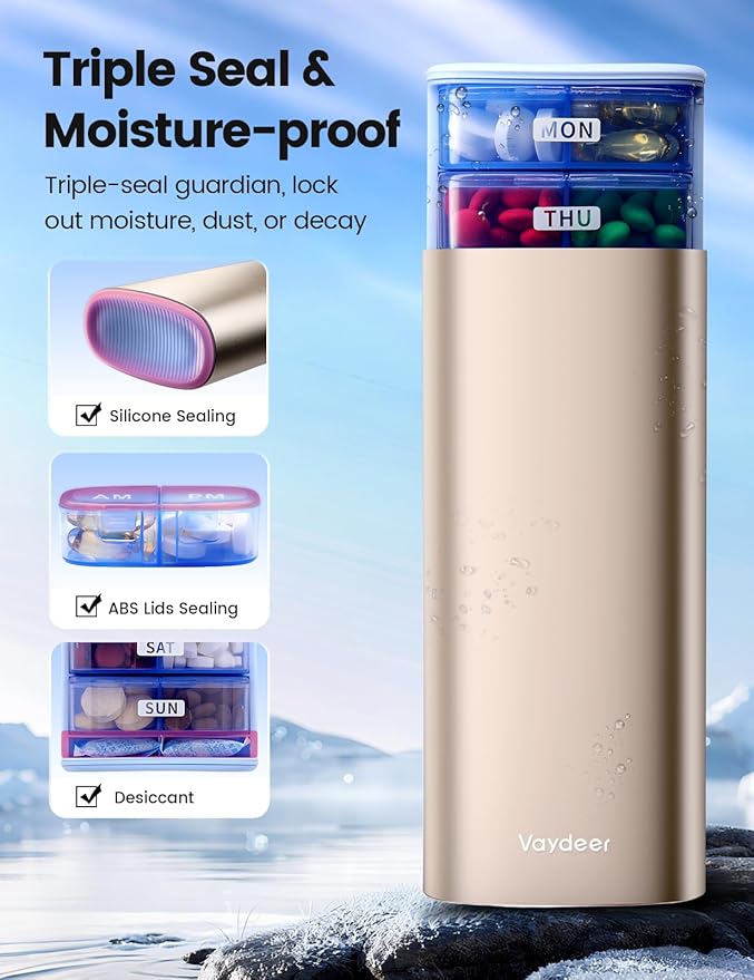 Vaydeer Large Weekly Pill Organizer 2 Times a Day,Metal 7 Day Travel Pill Box with Double Protection,AM PM Pill Case for for Medication, Vitamins, Fish Oils, Supplements(Silver)