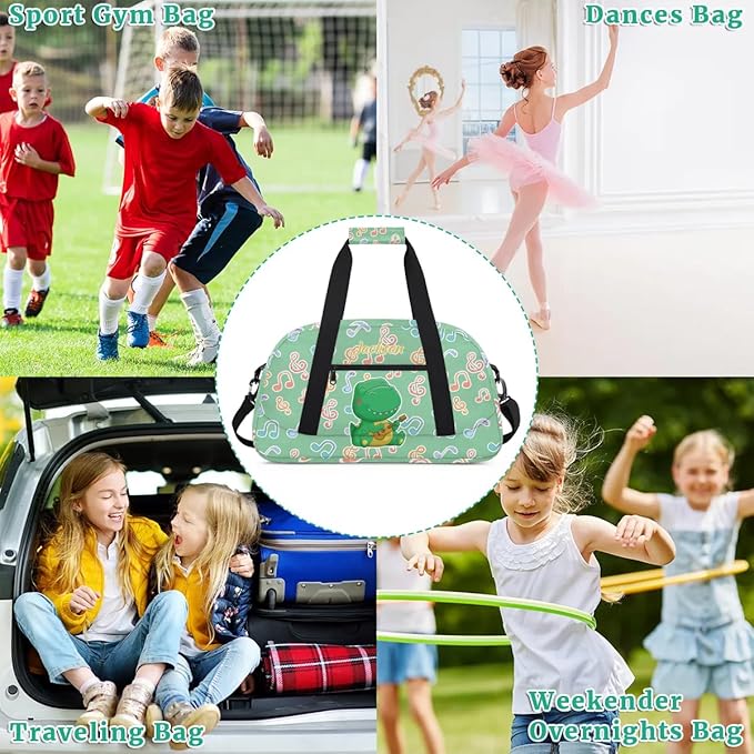 Personalized Duffel Bag for Kids Girls Boys, Dinosaur Guitar Custom Name Gym Bag Overnight with Padded Handles Carry On Weekend Sports Travel Bag for School Practice Gymnastics Ballet