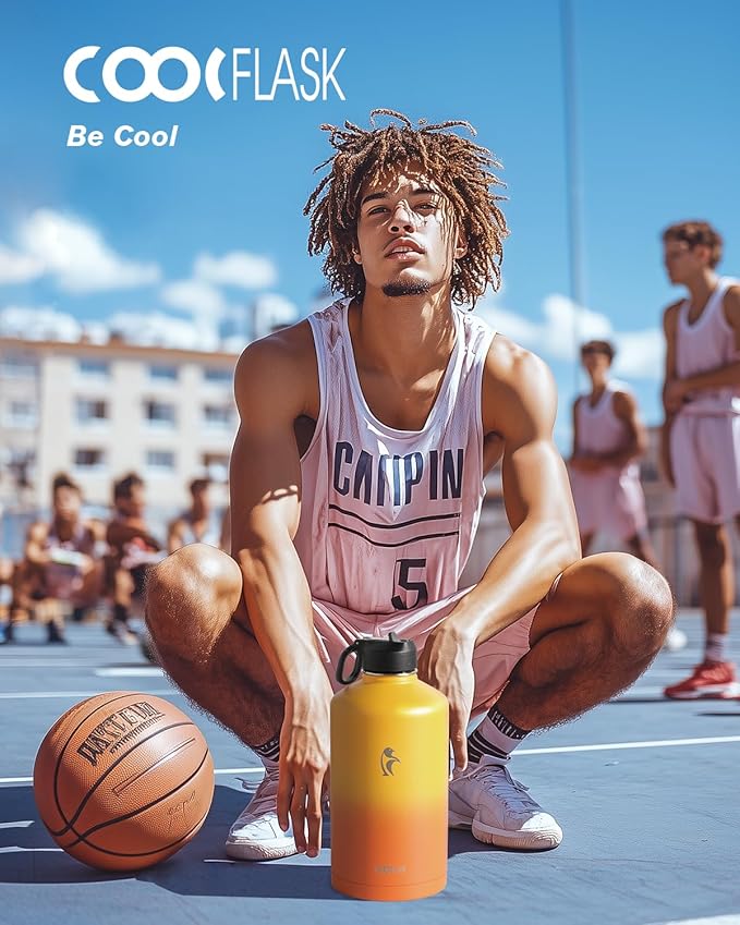 Coolflask 128 oz Gallon Water Bottle Insulated with Straw&3 Lids, Water Jug Large Stainless Steel Metal Vacuum Wide Mouth for Sports, Gym or Office, Non-BPA Keep Cold 48H Hot 24H, Ombre Yellow/Orange