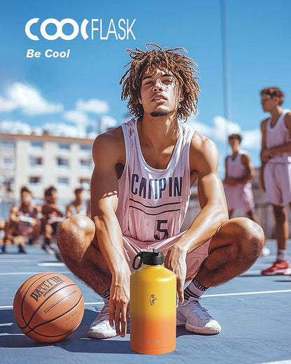 Coolflask 128 oz Gallon Water Bottle Insulated with Straw&3 Lids, Water Jug Large Stainless Steel Metal Vacuum Wide Mouth for Sports, Gym or Office, Non-BPA Keep Cold 48H Hot 24H, Ombre Yellow/Orange