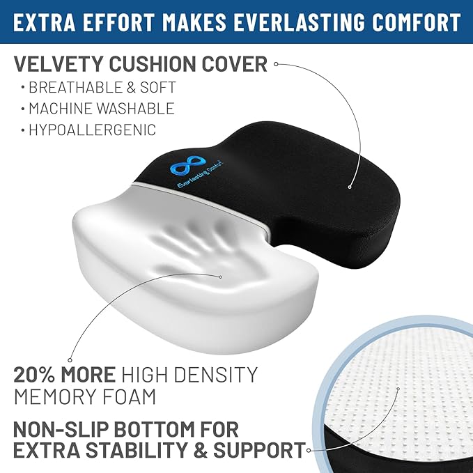 Everlasting Comfort Doctor Recommended Memory Foam Seat Cushion for Office Chairs & Car - Ergonomic Office Desk Accessories - Cushions for Tailbone Pain Relief, Sciatica & Back Support Pillow