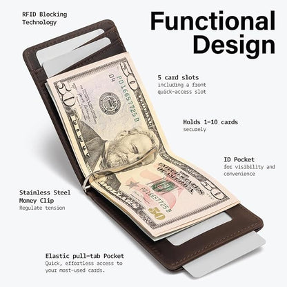 KORDIZ RFID Blocking Slim Bifold Wallet for Men – Premium Full-Grain Crazy Horse Leather Front Pocket Wallet with Money Clip, ID Window & Minimalist Design – Rustic Brown