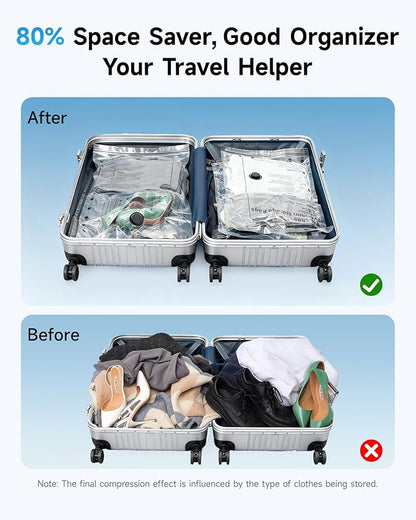 8 Pack Travel Vacuum Bags with Upgraded Rechargeable Pump, 4 Sizes Space Saver Vacuum Storage Bags for Luggage and Suitcase, Compression Bags for Packing, Vacuum Seal Bags for Clothing Travel