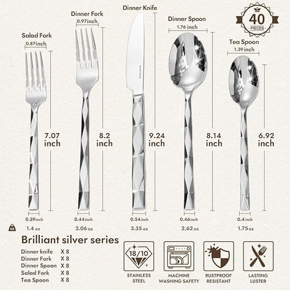 KINGSTONE Silverware Set, Luxury 40 Piece Flatware Set for 8, 18/10 Stainless Steel Cutlery Set with Diamond Cut Pattern for Kitchen, Home, Wedding, Party, Mirror Polished and Dishwasher Safe