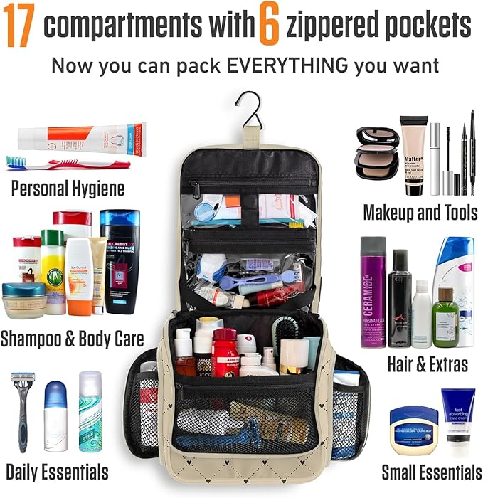 VENTURE 4TH Hanging Travel Toiletry Bag for Women & Men - Travel Organizer with Expandable Compartments & Removable Clear Pouch for Toiletries (Beige Diamonds)