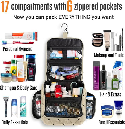 VENTURE 4TH Hanging Travel Toiletry Bag for Women & Men - Travel Organizer with Expandable Compartments & Removable Clear Pouch for Toiletries (Beige Diamonds)