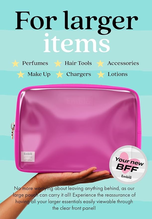 Embla Clear Cosmetic Bag Makeup Case, Clear Zipper Make Up Pouch and Toiletry Travel Tote, Cute Skincare Pouches for Women Girls, Preppy Purse Cosmetic Organizer, Large Makeup Bags, Fuchsia