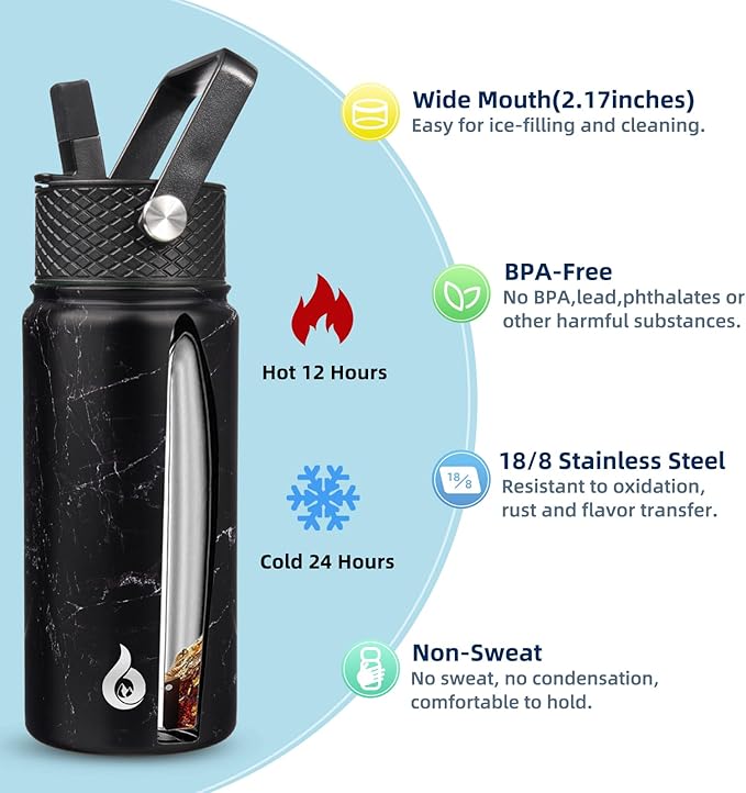 BJPKPK Insulated Water Bottles with Straw Lid, 18oz Stainless Steel Metal Water Bottle, Cold Hot Thermo with 3 Lids, Leak Proof BPA Free Travel Cup, Wide Mouth Flasks, Thermo -Midnight