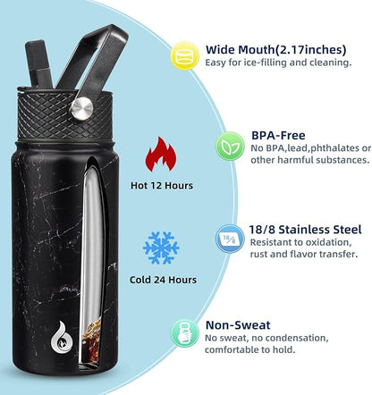 BJPKPK Insulated Water Bottles with Straw Lid, 18oz Stainless Steel Metal Water Bottle, Cold Hot Thermo with 3 Lids, Leak Proof BPA Free Travel Cup, Wide Mouth Flasks, Thermo -Midnight