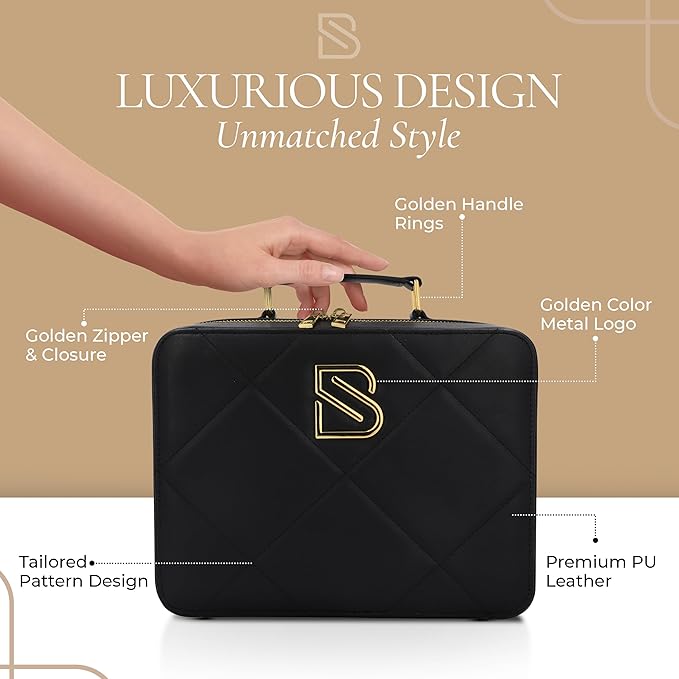 BAREZ Premium PU Leather Makeup Bag With LED Mirror - 3 Brightness Mirror Light Settings - Adjustable Dividers - Removable Mirror Waterproof Cosmetic Travel Bag - A Luxury Gift for Her (Black)