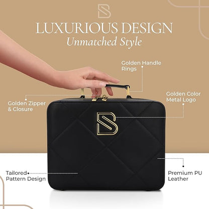 BAREZ Premium PU Leather Makeup Bag With LED Mirror - 3 Brightness Mirror Light Settings - Adjustable Dividers - Removable Mirror Waterproof Cosmetic Travel Bag - A Luxury Gift for Her (Black)