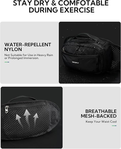 WATERFLY Fanny Pack Waist Bag: 2.3L Large RFID Blocking Crossbody Bags for Women Men, Breathable Casual Anti-Theft Hip Pouch for Traveling Walking Hiking-Black