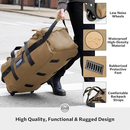STOVER 80L Rolling Duffel Bag with Wheels, Large Durable Travel Duffle + Toiletry Bag, Heavy Duty, Packable, Foldable with Shoulder Straps- Use as Luggage or Backpack, Men/Women (Tan)