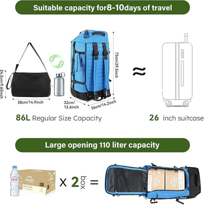 Vomgomfom 86L Collapsible Wheeled Luggage With Removable Backpack Straps,Waterproof Rolling Duffle Bag with Quilted Base,No Telescope Handle,Blue