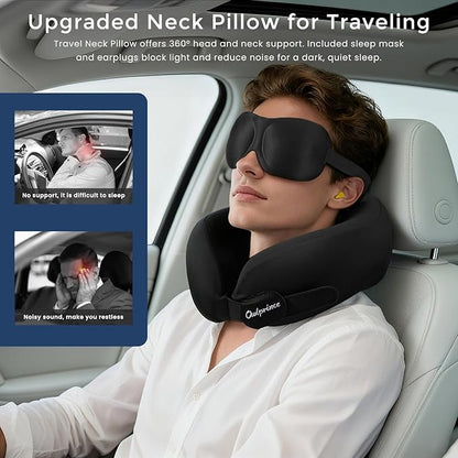 Travel Neck Pillow for Airplane, Neck Travel Pillow, Upgraded Soft 100% Pure Memory Foam - Lightweight and Stowable - Ergonomic Design for Long Flights, Car, Train, Office Use