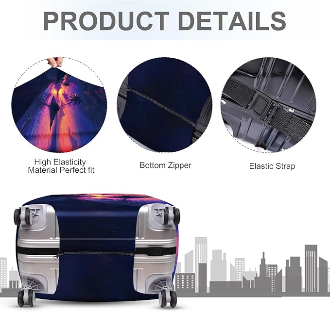 ANNA QUEEN Tropical Sunset Luggage Cover, Vibrant Palm Tree & Sunset Design, Stretchable, Washable Travel Sleeve for 20-34 Inch Suitcases