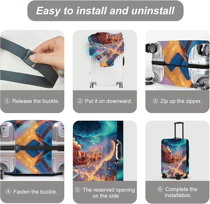 Northern Lights Christmas Luggage Cover - Santa's Sleigh Flying Over City Under Aurora, Magical Stretchable Suitcase Protector 32 34 Inch