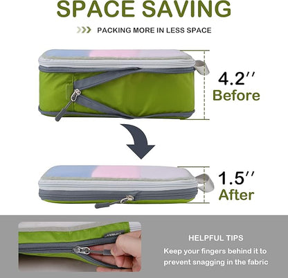 Cipway Compression Packing Cubes, See Through Mesh Luggage Organizer Bags, Travel Essentials for Carry on Suitcase with Laundry Bag and Clear Toiletries Bag（6 Pcs,Green）