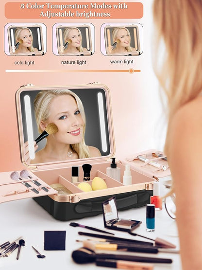 Kalolary Travel Makeup Train Cases with Lighted Mirror 3 Color Setting, Makeup Bag Cosmetic Case Organizer Adjustable Brightness Portable Makeup Storage Box For Makeup Brushes Accessories Tools,Black