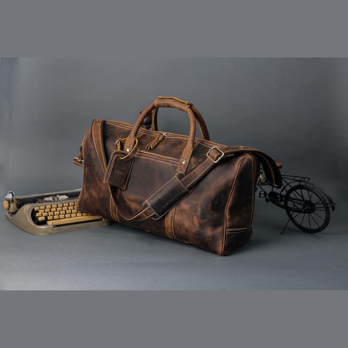 KomalC Leather Travel Duffel Bags for Men and Women Full Grain Leather Overnight Weekend Leather Bags Sports Gym Duffle