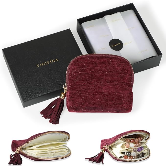 Small Travel Jewelry Case, Mini Travel Jewelry Bag with Zipper, 5-Layer Velvet Organizer Pouch for Bracelet Rings Earrings - Chenille Velvet Plum Purple