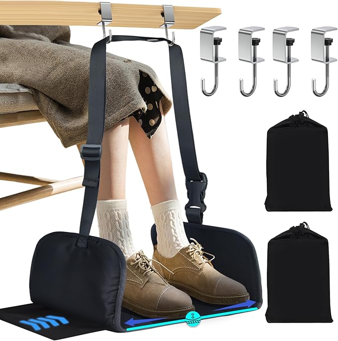 Airplane Foot Rest, Office Footrest Under Desk with 4 Hooks, Widen Airplane Footrest Flight Hammock Memory Foam Travel Foot Sling for Work Gaming Travel Essentials, Black