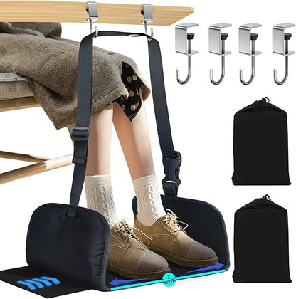 Airplane Foot Rest, Office Footrest Under Desk with 4 Hooks, Widen Airplane Footrest Flight Hammock Memory Foam Travel Foot Sling for Work Gaming Travel Essentials, Black