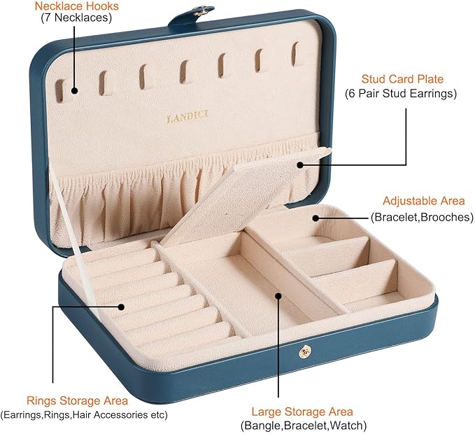 LANDICI Small Jewelry Box for Women Girls, PU Leather Travel Jewelry Organizer Case, Jewellery Storage Holder Display for Ring Earrings Necklace Bracelet Bangle Watch Men Kids Gift, Bluish Green