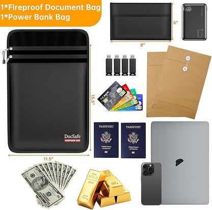 DocSafe Fireproof Document Bag (5200℉) with Fireproof Organizer Travel Case,Heat Insulated Fire＆Water Resistant 8 Layers Safe Money Bag Storage for Important Documents,Cash,Power Bank,Valuables,Black