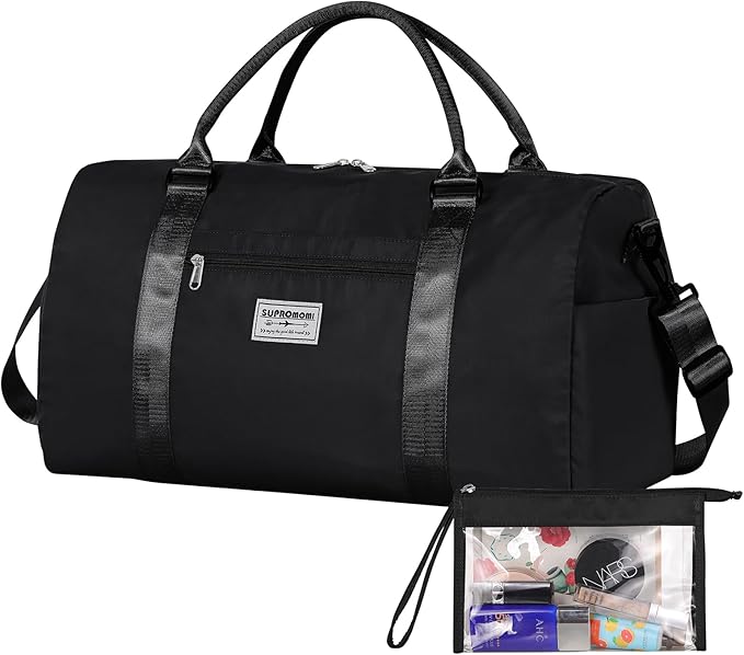 Large Travel Duffel Bag, Sports Tote Gym Yoga Airplane Carry-on With Extra Shoe and Small Clear Makeup Bag, Overnight Crossbody for Men and Women Black