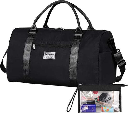 Large Travel Duffel Bag, Sports Tote Gym Yoga Airplane Carry-on With Extra Shoe and Small Clear Makeup Bag, Overnight Crossbody for Men and Women Black