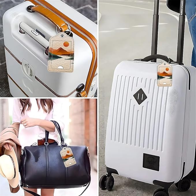 Funny PU Leather Luggage Tags 2-Pack Suitable for Suitcase Stainless Steel Loop and Address Card Essential with Cruise and Airport Travel Yellow Sunrise River Mountain Cute Pattern