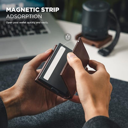 VULKIT Pop up Card Wallet Minimalist Cash Wallets RFID Blocking Leather Smart Credit Card Holder with ID window for Men (Espresso)