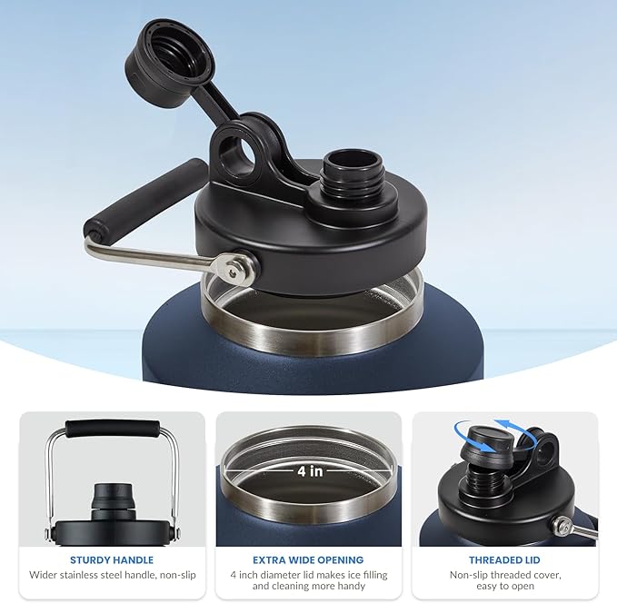 1 Gallon Water Jug Bottle Insulated with Straw, 128oz Stainless Steel Water Bottle Jug Wide Mouth Double Vacuum Dishwasher Safe BPA Free for Hot & Cold Drinks Navy Blue